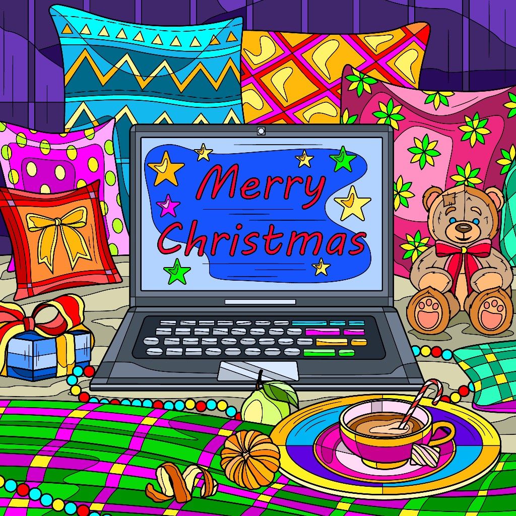 Colorful Christmas illustration with a laptop showing Merry Christmas, gifts, pillows, a teddy bear, and a cup