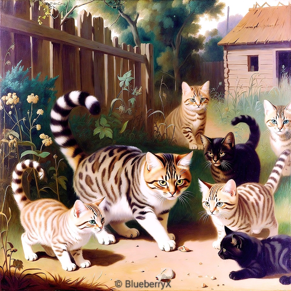 Five cats in a rural yard with wooden fence, cottage, and blooming flowers