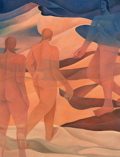 Abstract illustration of overlapping human silhouettes on an orange and blue beach with geometric shadows