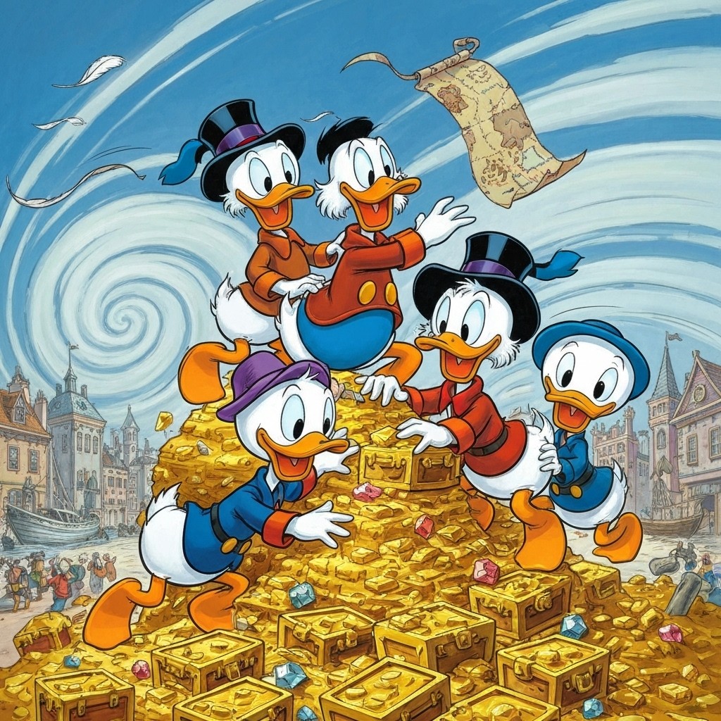 Scrooge McDuck and nephews celebrating on pile of gold coins and treasure