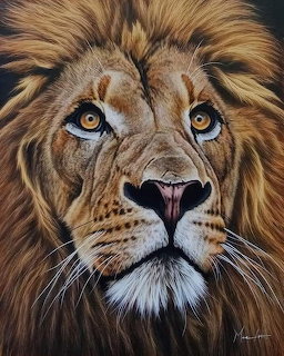 Close-up realistic painting of a male lion face with golden mane and amber eyes on dark background
