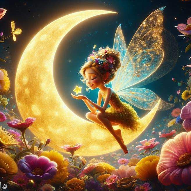 Illustration of a fairy with luminous wings perched on a crescent moon amid vibrant flowers and night sky