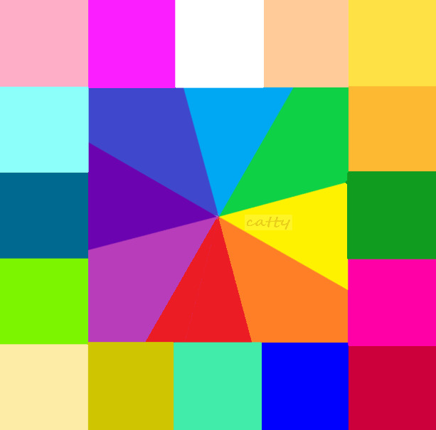 Colorful geometric pattern with squares and radiating triangles in bright rainbow colors