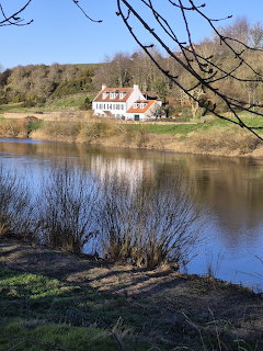 White cottage with red roof across a calm river bordered by bare trees on a sunny day