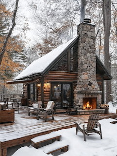 Log cabin with stone fireplace and deck chairs in snowy woods