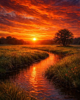Vivid sunset over green grasslands with a winding stream and lone tree silhouetted against colorful sky