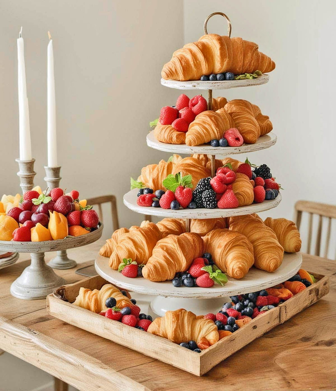 Tiered stand of croissants, berries, and fruit on a wooden table with white candles