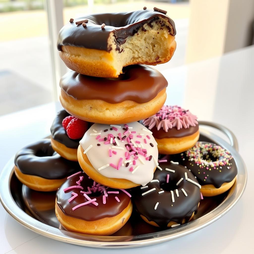 Stack of colorful glazed donuts with various toppings including chocolate, pink frosting, and sprinkles on a plate