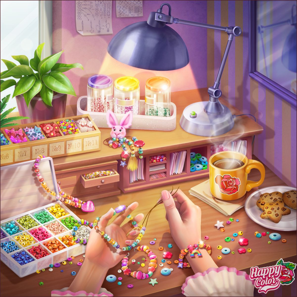 Illustration of hands making colorful beaded bracelets at a craft desk with beads and jewelry supplies