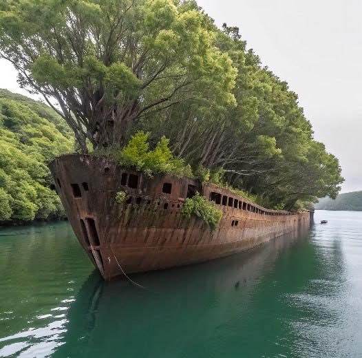 Rusty abandoned ship with trees growing on it in calm green water