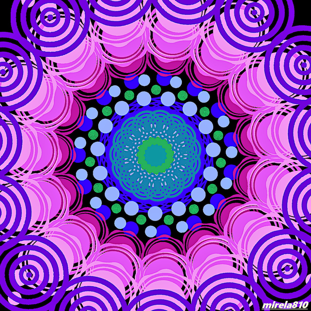 Symmetrical mandala with purple striped spheres and blue center