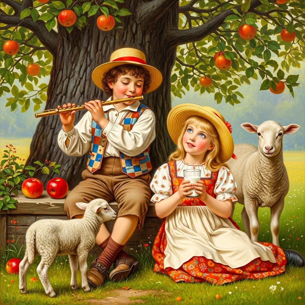 Boy playing flute and girl holding apple sit under apple tree with two lambs in pastoral scene