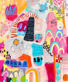 Colorful abstract collage with doodles, rainbows, geometric shapes and mixed media patterns