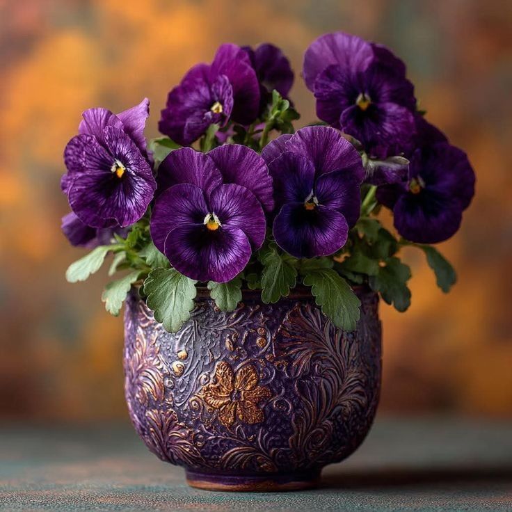 Purple pansy flowers in an ornate ceramic pot on a tabletop