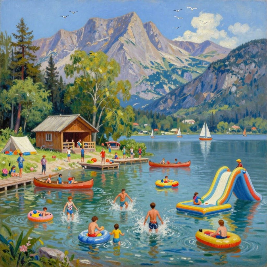 Painting of people kayaking and swimming in mountain lake with cabin and inflatable slide