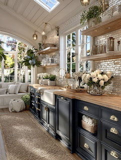 Elegant kitchen interior with dark cabinets, wood countertops, open shelves, and large sunlit windows
