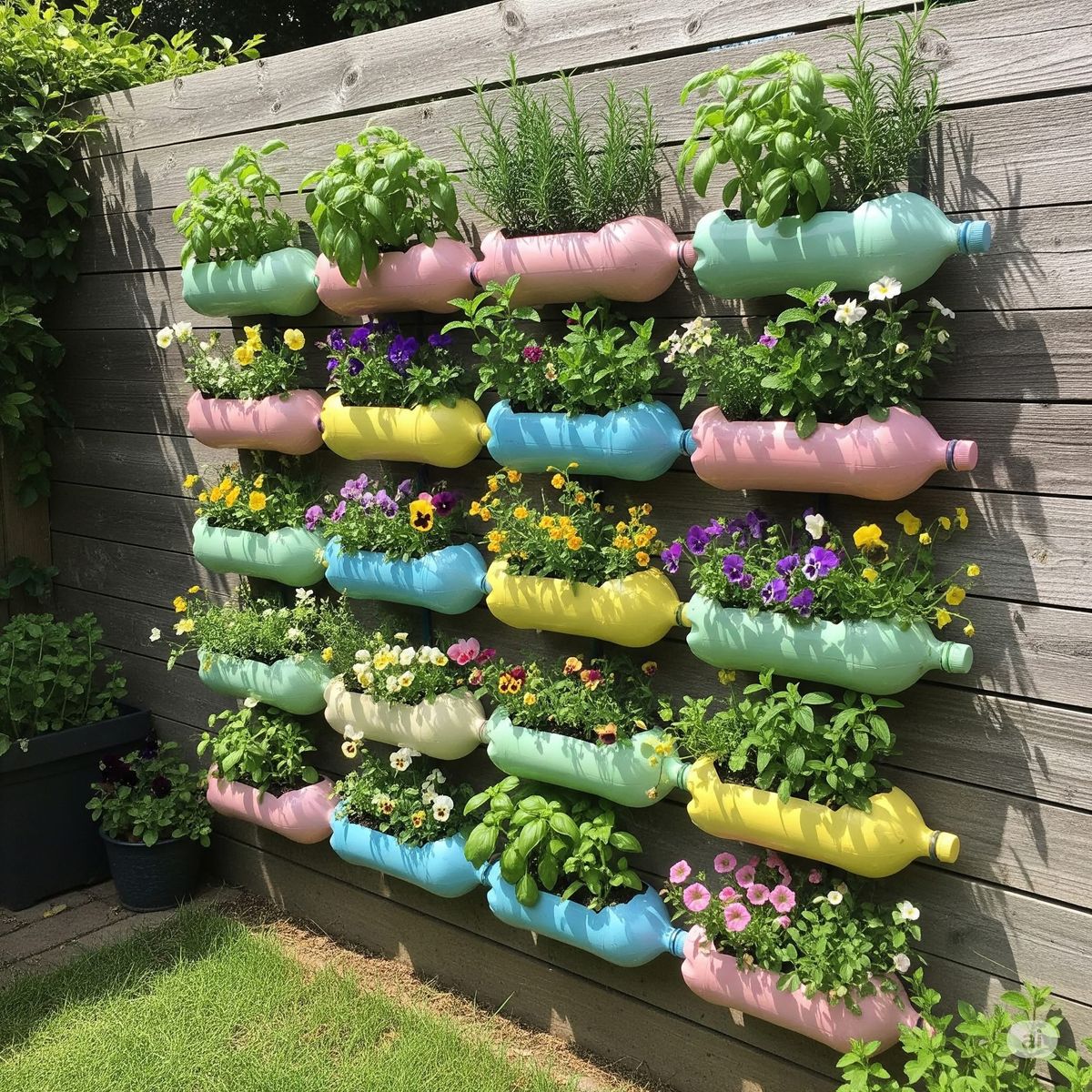 Colorful recycled plastic bottle planters hanging on wooden fence filled with flowers and greenery
