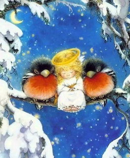 Sleeping angel with halo sitting between two red bullfinches on snowy branches at night