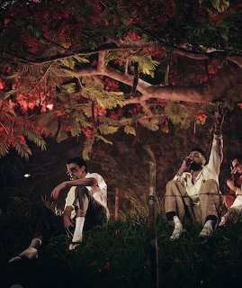 Two men seated outdoors at night under a tree with red leaves and green plants