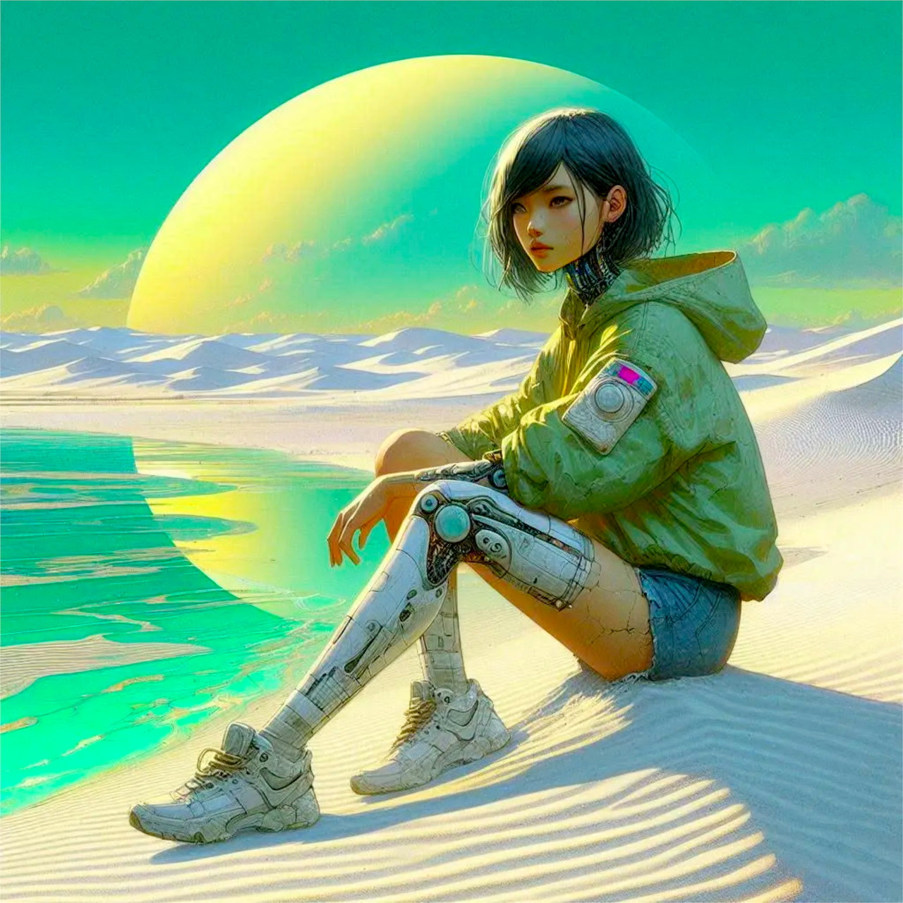 Anime girl in green jacket sitting on white sand dunes with turquoise sky and water