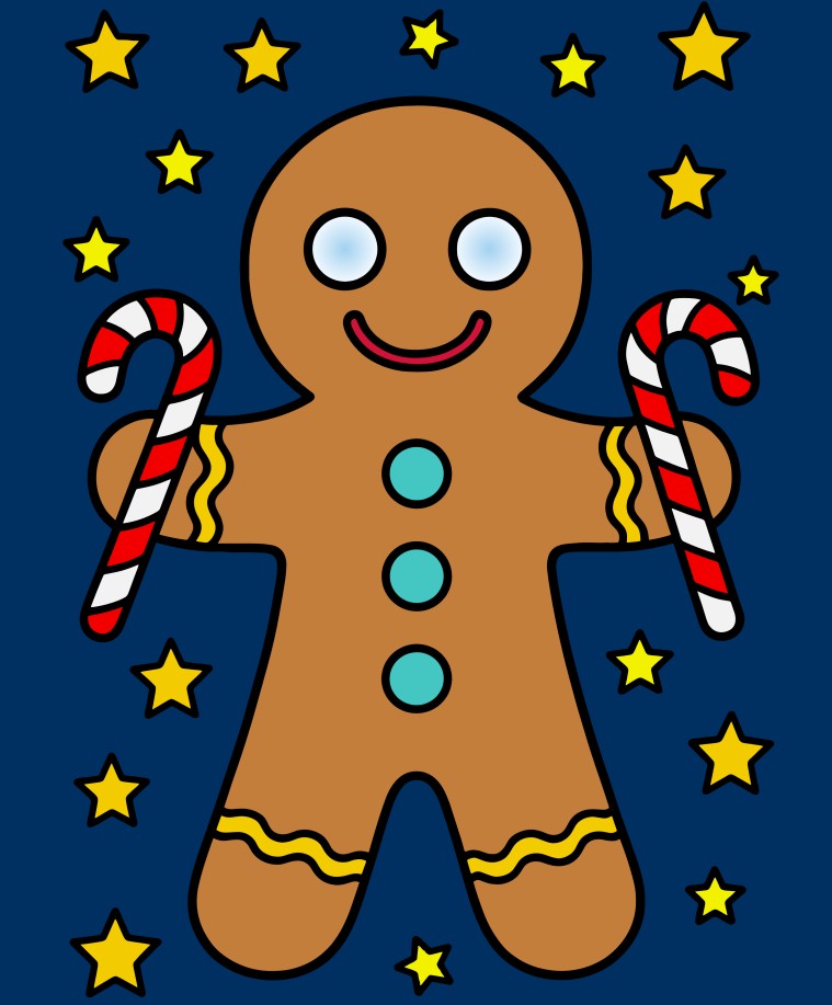 Cartoon gingerbread man holding candy canes surrounded by yellow stars on a dark blue background