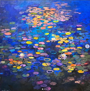 Impressionist painting of water lilies and lily pads on blue pond