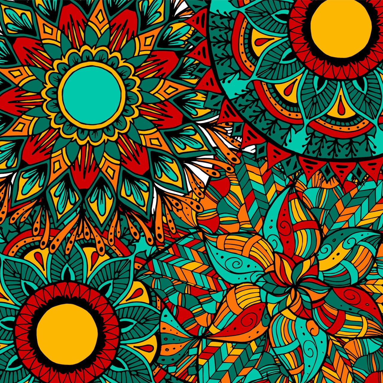 Colorful mandala artwork with symmetrical geometric patterns in turquoise, red, orange and yellow on dark background