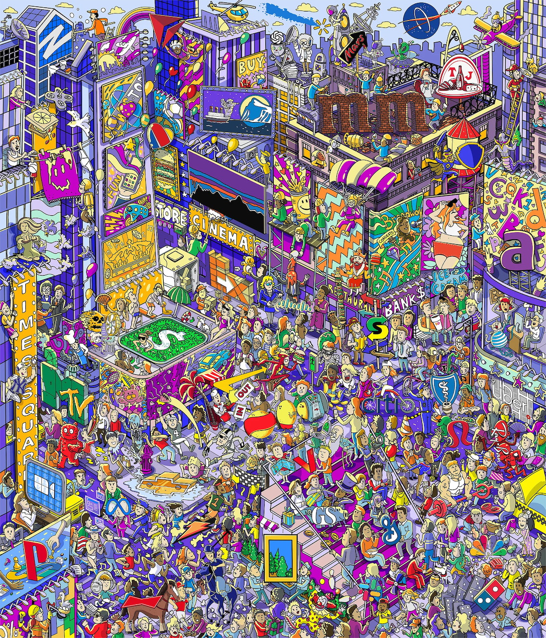 Busy isometric illustration of crowded shopping mall with multiple levels, stores, and many people