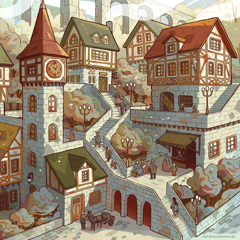 Illustrated medieval town with half-timbered buildings, winding streets, and busy market scene