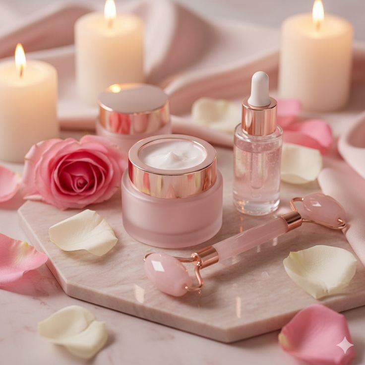 Rose gold skincare jars, serum dropper, and candles arranged with pink roses and petals on marble hexagon tray
