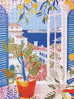 Colorful painting of an open window with blue shutters, potted tree, and town buildings outside