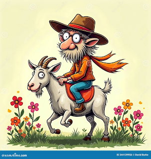 Cartoon bearded farmer in hat riding white goat through flower garden