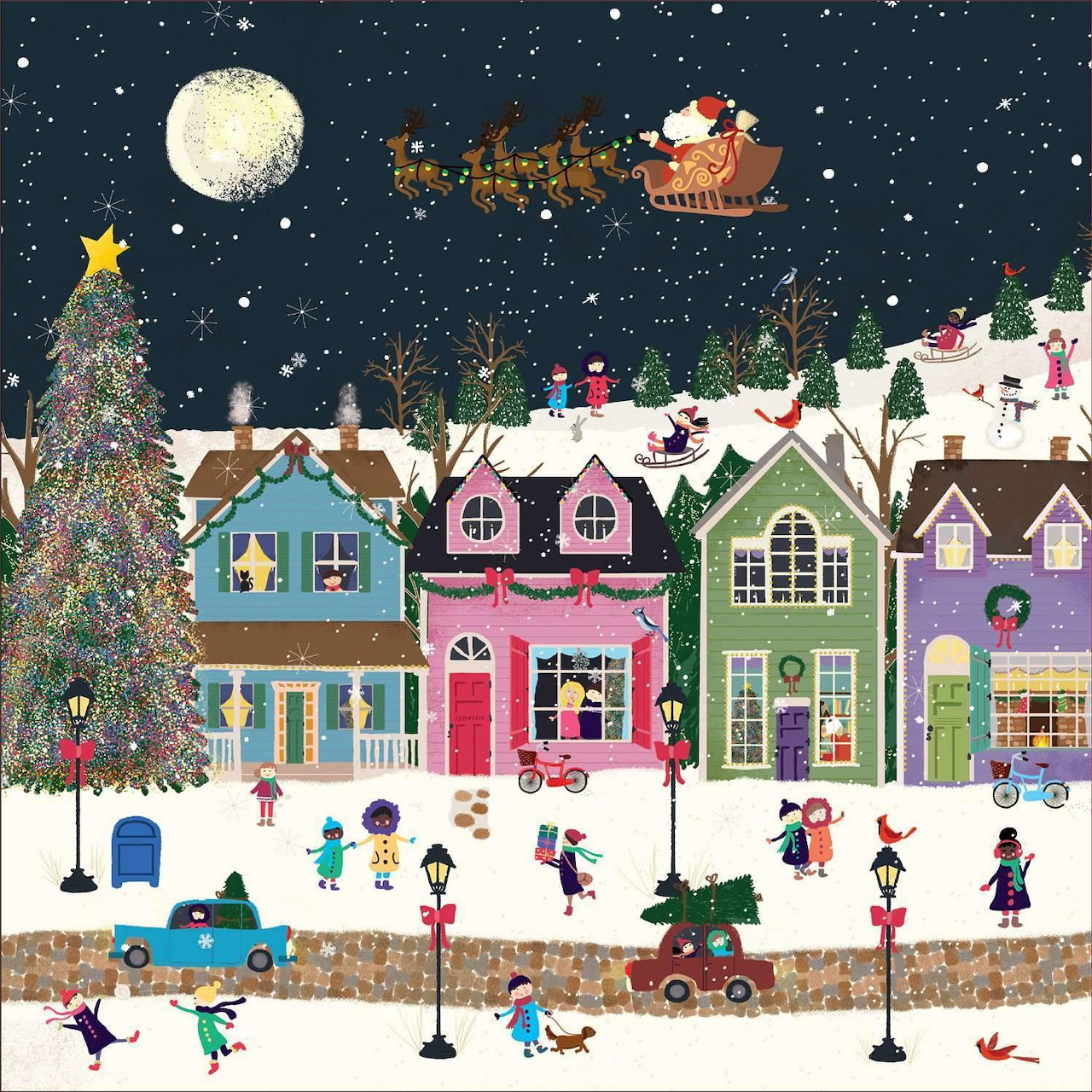Whimsical winter village scene with colorful houses, children playing in snow, Santa sleigh in night sky