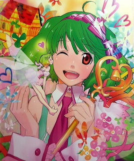 Green-haired anime girl in pink fairy costume smiling cheerfully with colorful ribbons and ornaments in background