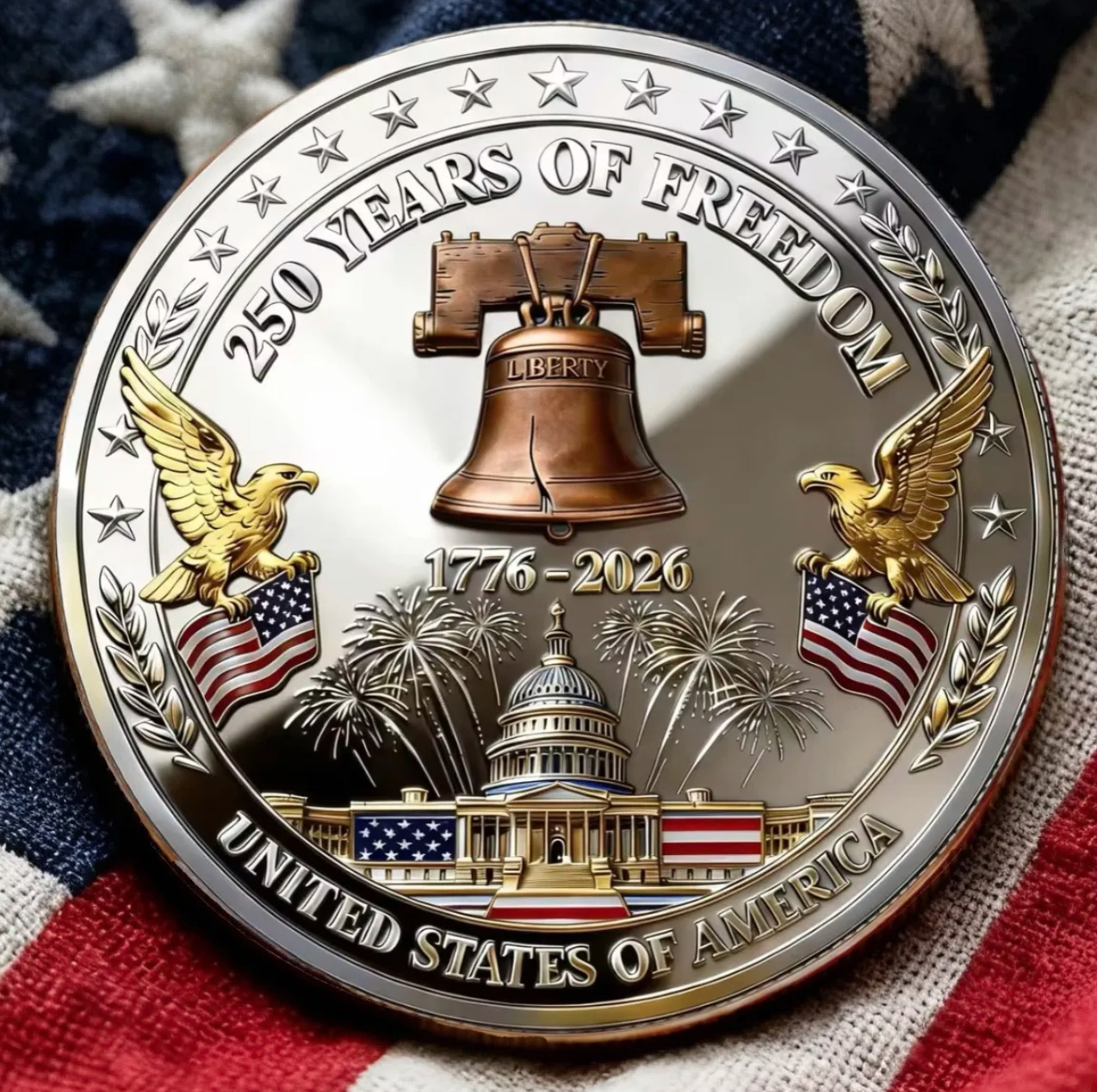 Commemorative coin with Liberty Bell, U.S. Capitol, eagles, flags, fireworks, and 1776–2026 text