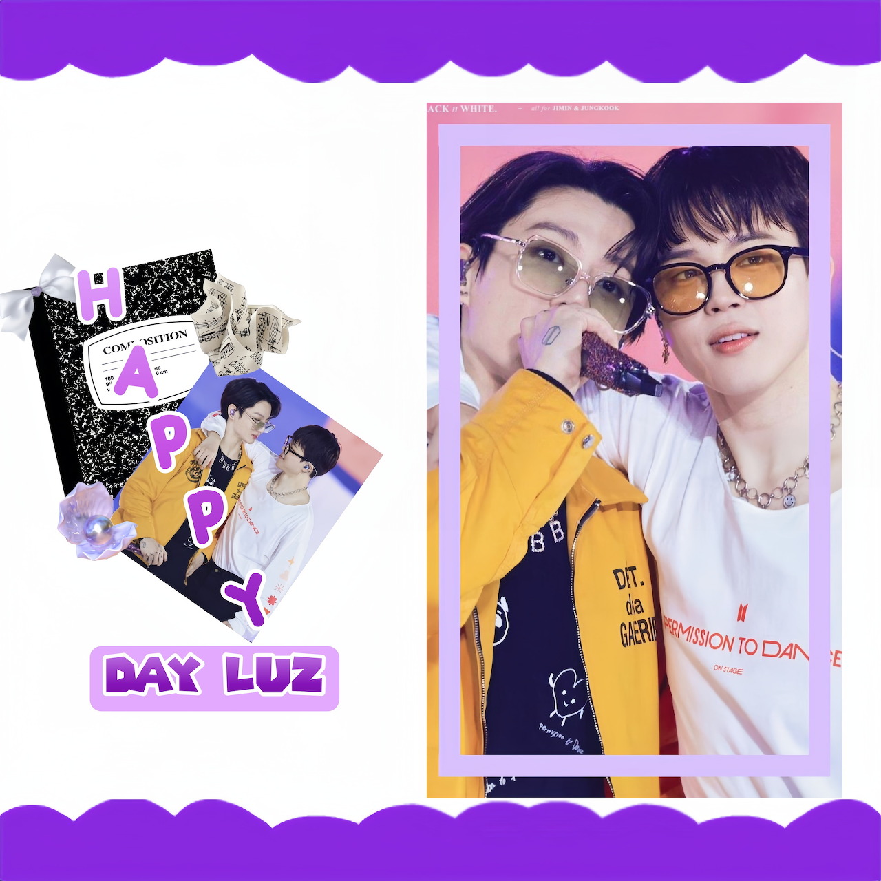 Decorative collage with a framed selfie of two young people, notebook, flowers, and Happy Day Luz text