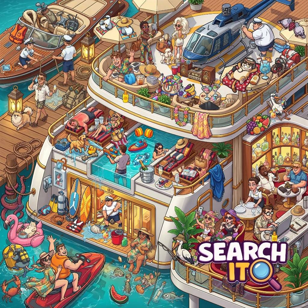 Colorful cartoon cruise ship deck with pool, people relaxing, dining tables, and turquoise sea