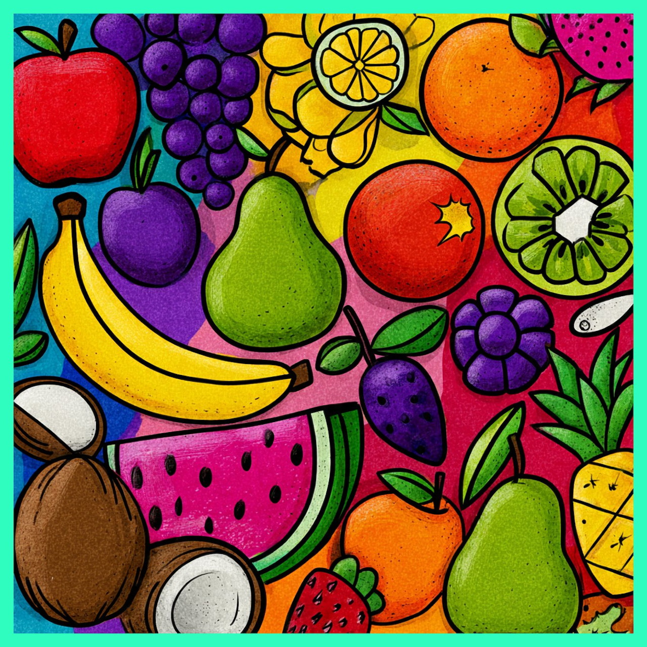 Colorful fruit illustration with banana, watermelon, grapes, pear, orange, kiwi, coconut, and pineapple