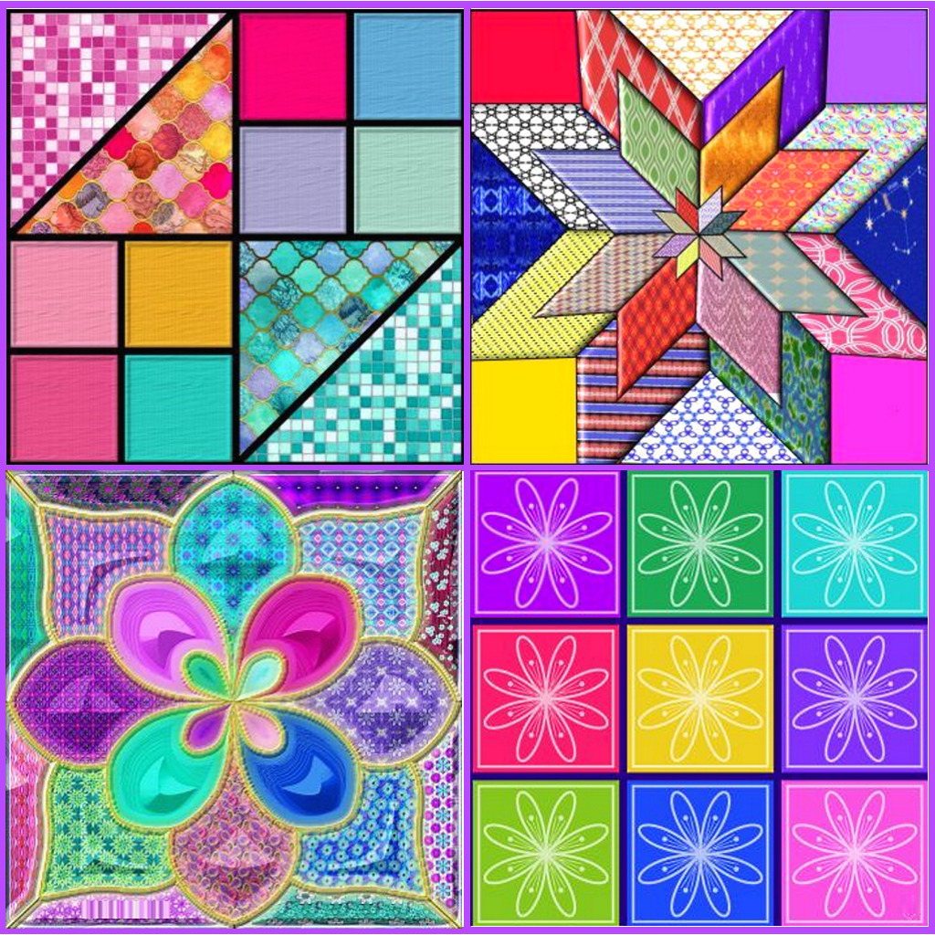 Four-panel collage of colorful geometric patterns with mandalas, stripes, dots, and angular designs