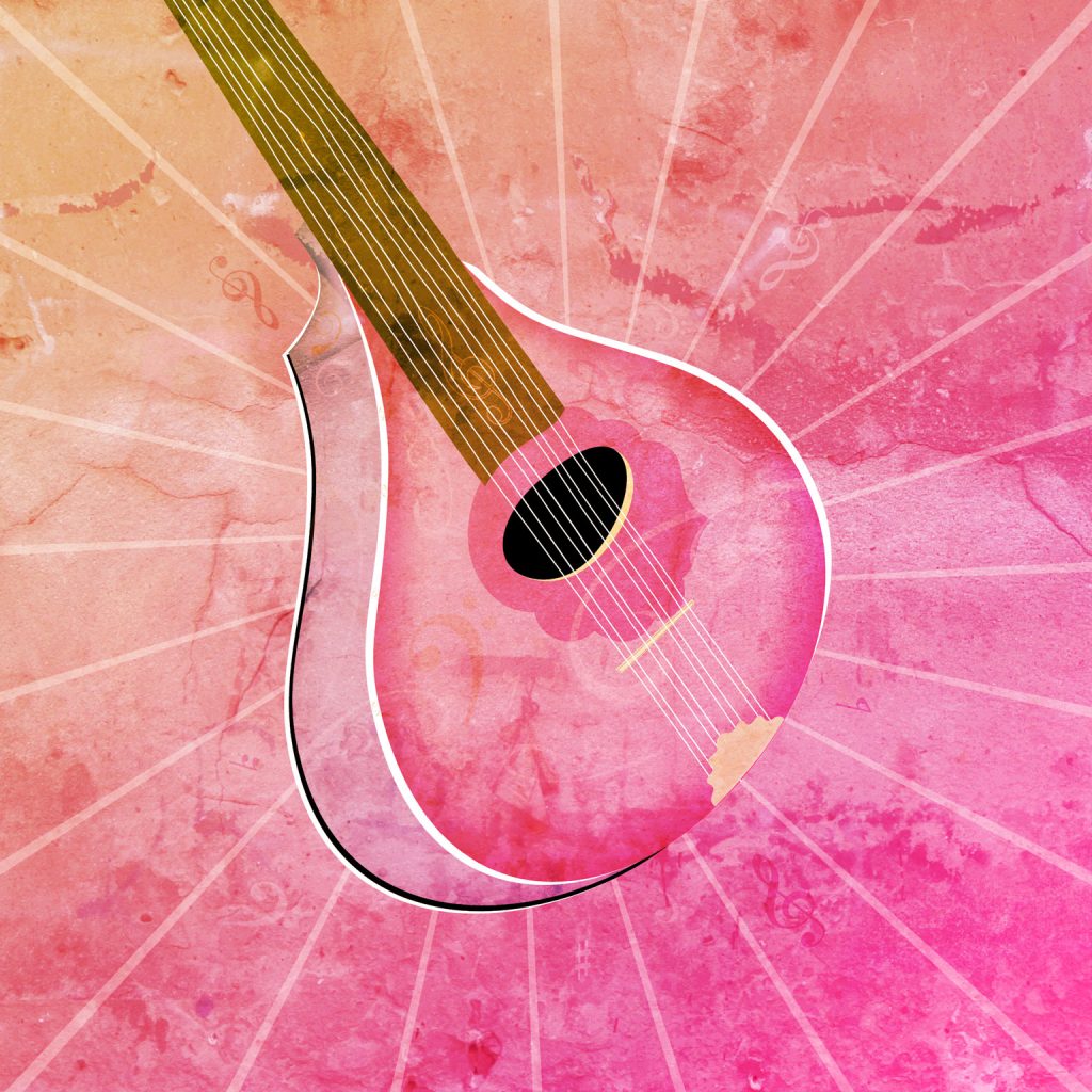 Pink bouzouki with strings on radiant pink background with white light rays