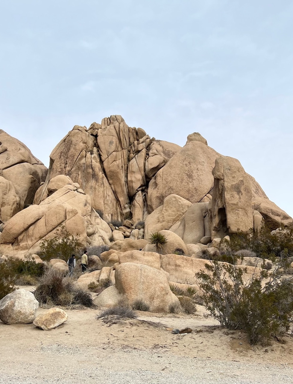Large granite boulders and rock formations in Joshua Tree National Park desert landscape.