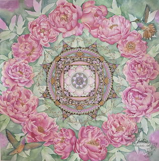 Floral mandala with pink peonies, hummingbirds, and ornate geometric center on watercolor background