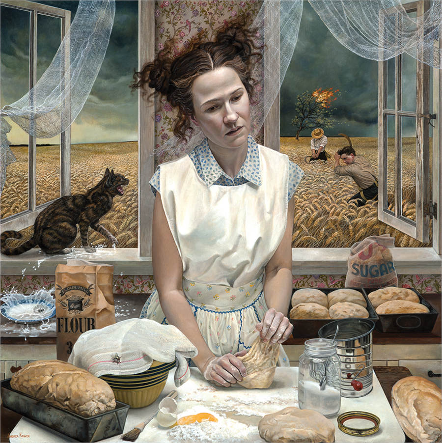 Painting of a woman kneading bread dough in a rustic kitchen with a cat by the open window