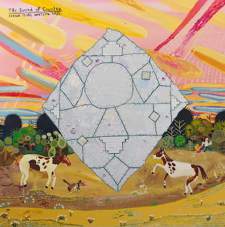 Geometric diamond with rainbow rays above farm animals and pastoral landscape