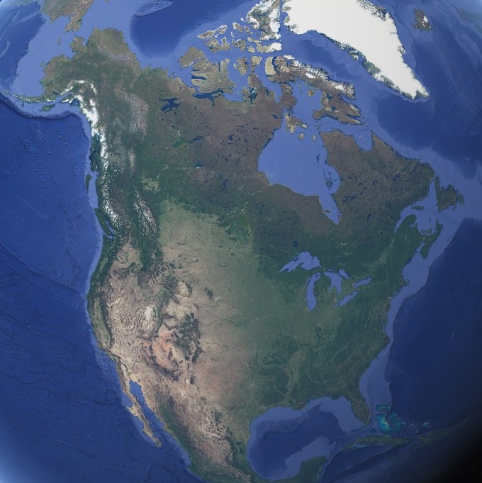 Satellite image of North America from space showing landmass, oceans, and terrain