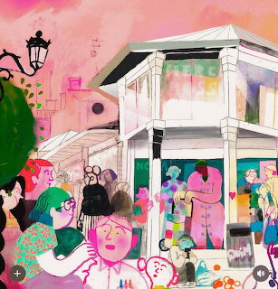 Colorful abstract street scene with people around a white corner building on a pink background
