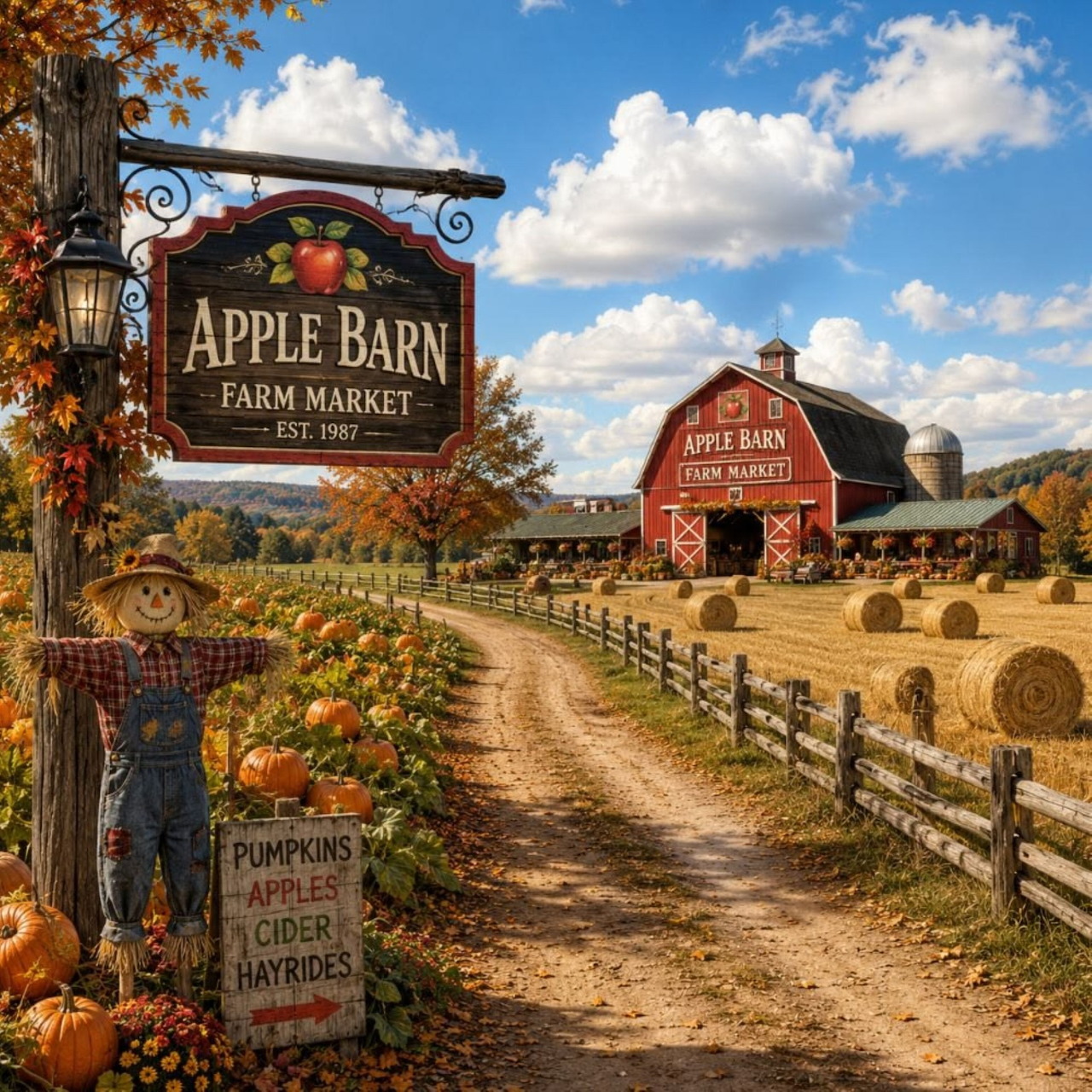 Autumn apple farm with a red barn, pumpkins, scarecrow, hay bales, orchard, and winding country road.
