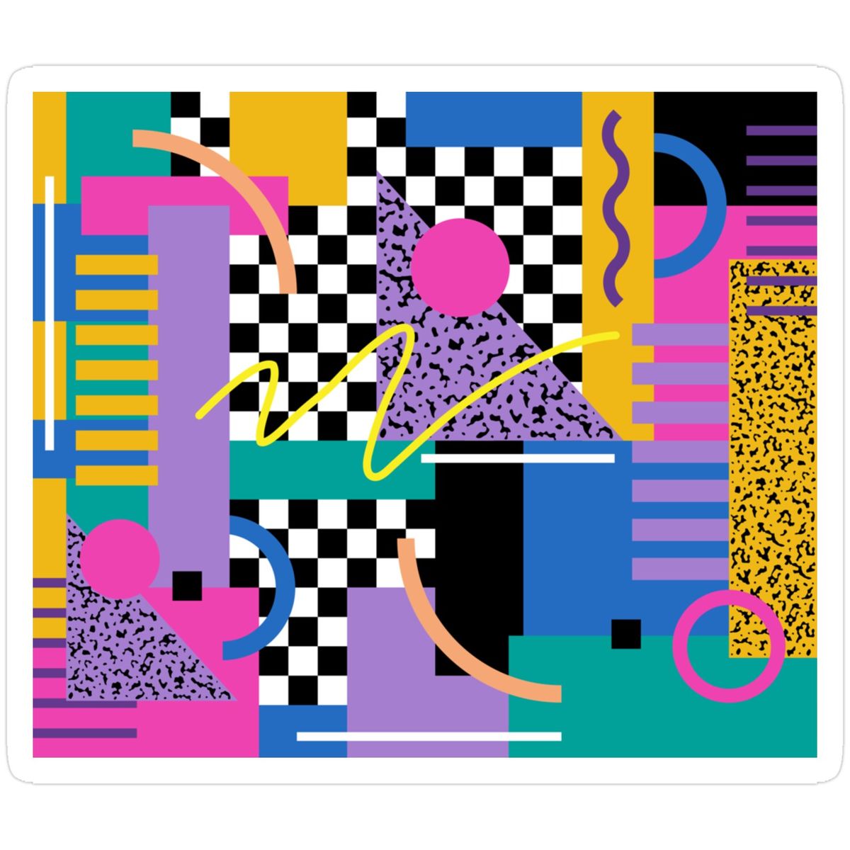 Colorful abstract geometric art with checkerboards, circles, lines, and retro Memphis-style shapes