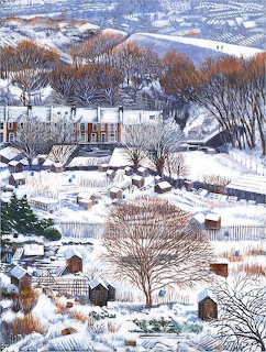 Painting of a snowy village with bare trees, houses, and garden allotments on a hillside