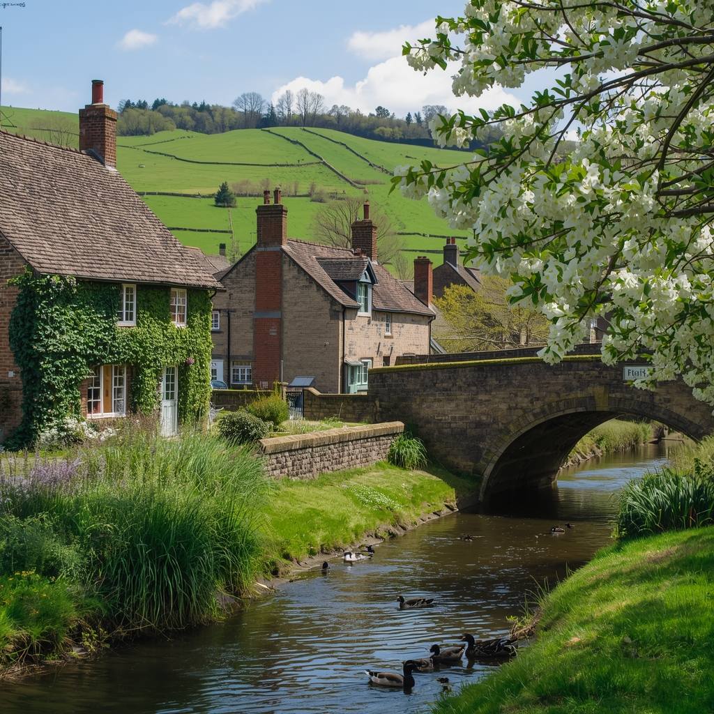 Stone cottages and bridge over stream in green English countryside with spring blossoms